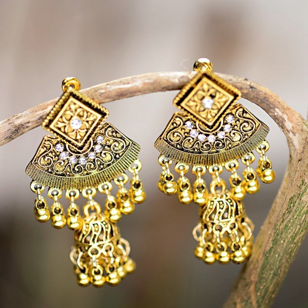 Gypsy Sector Afghan Jewelry Retro Ethnic Silver Color Indian Jhumka Bells Beads Drop Tassel Earrings For Women Oorbellen HXE070