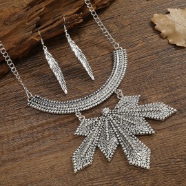 Indian Jewelry Silver Color Leaf Earring/Necklace Set Bijoux Women's Rhinestones Wedding Jewelry Hangers Bohemia Jhumka Earrings