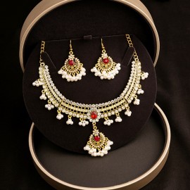 Luxury Cubic Zirconia Jewelry Set for Women Vintage Gold Color Charm Necklace Earrings Sets Flower Pearl Tassel Wedding Jewelry