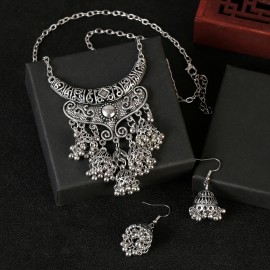 Luxury Retro Indian Jewelry Set Earring/Necklace Bijoux Wedding Jewelry Hangers Ethnic Carved Jhumka Earrings