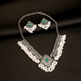 Luxury Silver Color Geometric Jewelry Set Women Vintage Green Crystal Bridal Wedding Necklace Earring Set Fashion Indian Jewelry