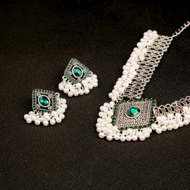 Luxury Silver Color Geometric Jewelry Set Women Vintage Green Crystal Bridal Wedding Necklace Earring Set Fashion Indian Jewelry