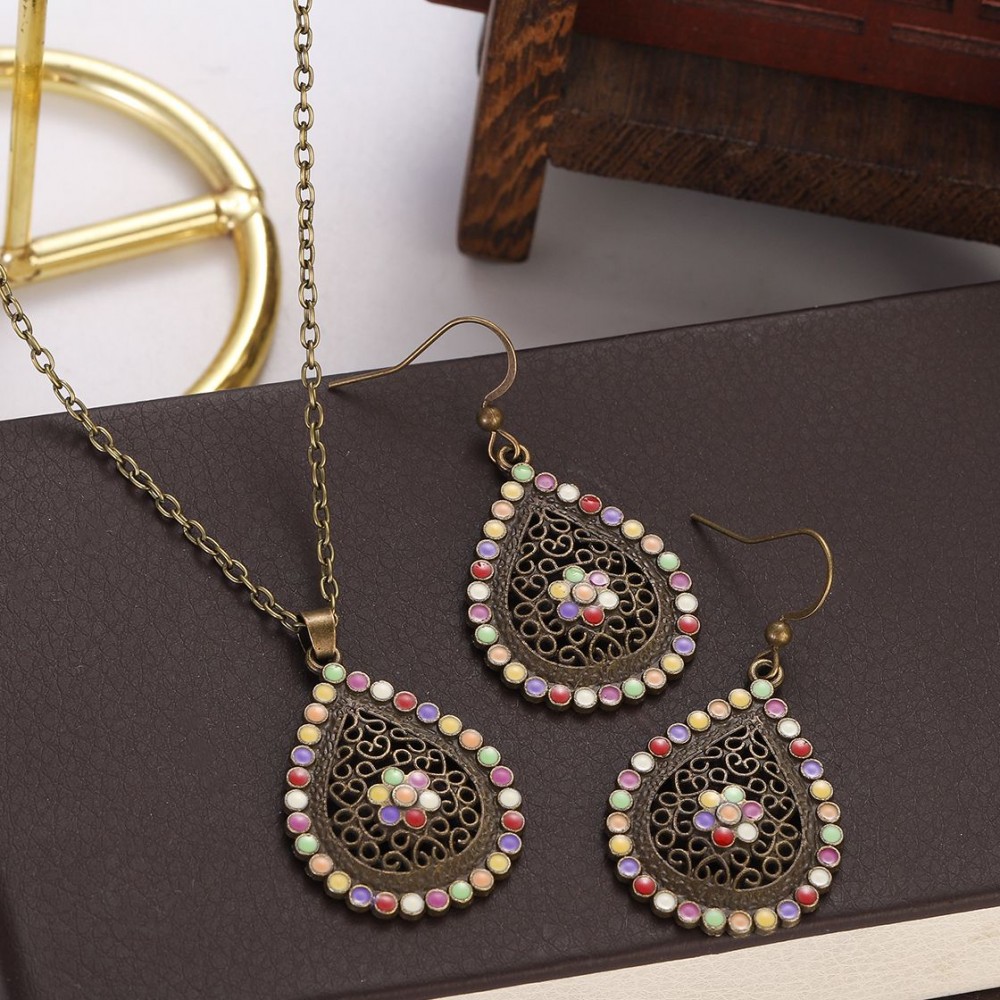 New Boho Colorful Flower Pendant Necklace Set Women Retro Antique Gold Color Hollow Water Drop Jewelry Gifts For Girl Wholesale