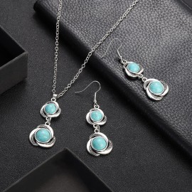 New Ethnic Fashion Blue Stone Jewelry Sets Round Flower Pendant Necklace Earrings for Women Vintage Silver Plated Jewelry Sets