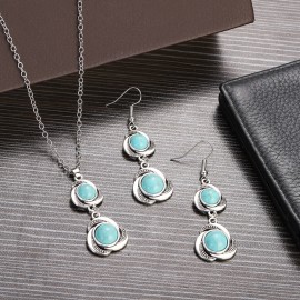 New Ethnic Fashion Blue Stone Jewelry Sets Round Flower Pendant Necklace Earrings for Women Vintage Silver Plated Jewelry Sets