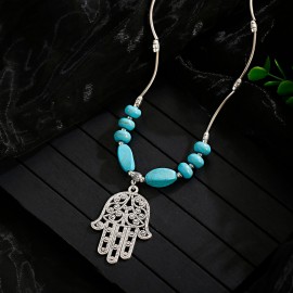 New Ethnic Hamsa Hand Alloy Pendants Necklace Women's Vintage Turquoises Statement Jewelry Gifts