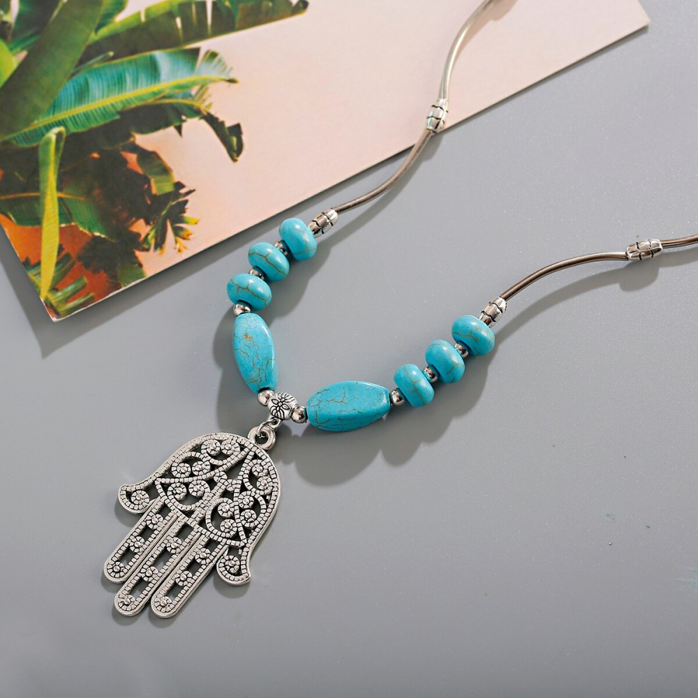 New Ethnic Hamsa Hand Alloy Pendants Necklace Women's Vintage Turquoises Statement Jewelry Gifts