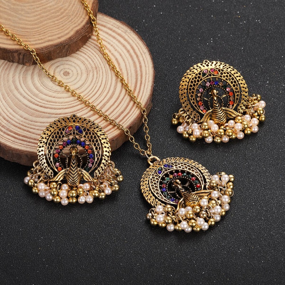 New Ethnic Luxury Colorful Crystal Peacock Jewelry Set for Women Vintage Gold Plated Beads Tassel Necklace Sets Ladies Gift