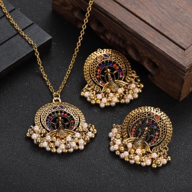 New Ethnic Luxury Colorful Crystal Peacock Jewelry Set for Women Vintage Gold Plated Beads Tassel Necklace Sets Ladies Gift