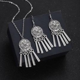 New Silver Color Jewelry Set Women's Ethnic Vintage Geometric Flower Tassel Earring Necklace Sets Female Party Accesories