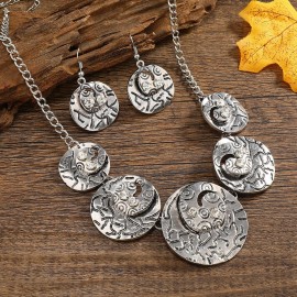 New Vintage Carved Round Necklace Jewelry Set Women's India India Silver Color Sweater Chain Jewelry