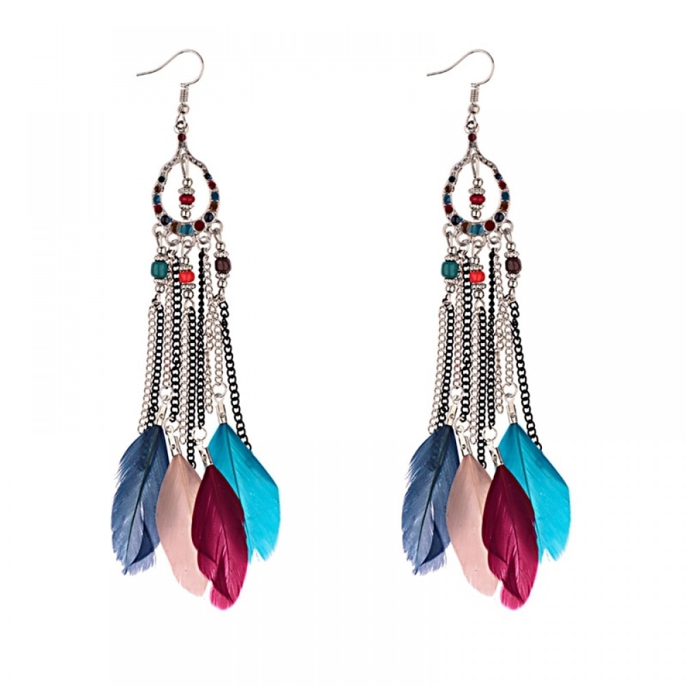 New Vintage Purple Bohemian Boho Multicolor Rhinestone Crystals Feather Tassel Hollow Hook Earrings Handmade