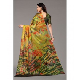 Rangita Women Nature Printed Chiffon Saree With Blouse Piece - Olive