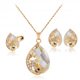 Retro Red Crystal Water Drop Jewelry Set For Women Classic Gold Color Peacock Alloy Necklace Earrings Ring Set Wedding Jewelry