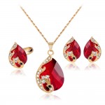 Retro Red Crystal Water Drop Jewelry Set For Women Classic Gold Color Peacock Alloy Necklace Earrings Ring Set Wedding Jewelry