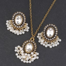 Retro White CZ Pearl Wedding Jewelry Set For Women Luxury Afghan Gold Color Alloy Indian Earring/Necklace Set
