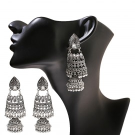 Retro Women's Silver Color Big Carved Hollow Indian Jhumka Earrings Ethnic Gypsy Bells Dabgle Earring Fashion Jewelry