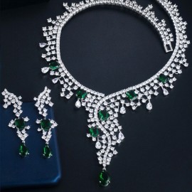 ThreeGraces 2020 New Design Green Cubic Zirconia Water Drop Big Necklace Earrings Fashion Ladies Wedding Jewelry Sets TZ534