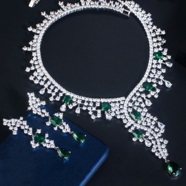 ThreeGraces 2020 New Design Green Cubic Zirconia Water Drop Big Necklace Earrings Fashion Ladies Wedding Jewelry Sets TZ534