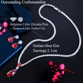 ThreeGraces 2021 Fashion Waterdrop Shape Red CZ Crystal Dangle Earrings Necklace Sets for Women Party Accessories Jewelry TZ603
