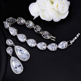 ThreeGraces 3 Piece Luxury CZ Long Water Drop Wedding Necklace Earrings Bracelet Jewelry Set For Brides Evening Party JS078