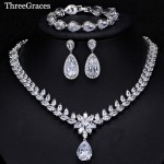 ThreeGraces 3 Piece Luxury CZ Long Water Drop Wedding Necklace Earrings Bracelet Jewelry Set For Brides Evening Party JS078