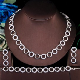 ThreeGraces 3Pcs Gorgeous CZ Gold Color Circle Link Chain Bracelet Necklace Earrings Jewelry Set Women Party Accessories TZ596