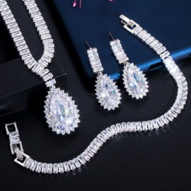 ThreeGraces 3Pcs Shiny Cubic Zirconia Big Water Drop CZ Necklace Earrings Bracelet Bridal Wedding Jewelry Set for Brides T0637