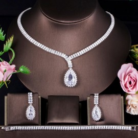 ThreeGraces 3Pcs Shiny Cubic Zirconia Big Water Drop CZ Necklace Earrings Bracelet Bridal Wedding Jewelry Set for Brides T0637