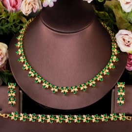 ThreeGraces 3pcs Fashion Green Cubic Zirconia Gold Color Leaf Shape Earrings Necklace Bracelet Party Jewelry Set for Women TZ557