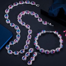 ThreeGraces 3pcs Rainbow CZ Crystal Round Choker Necklace Earrings Bracelet Set for Women Elegant Bridal Wedding Jewelry TZ609
