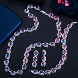 ThreeGraces 3pcs Rainbow CZ Crystal Round Choker Necklace Earrings Bracelet Set for Women Elegant Bridal Wedding Jewelry TZ609