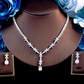 ThreeGraces 3pcs Romantic Cubic Zirconia Silver Color Elegant Pearl Drop Bridal Wedding Prom Jewelry Set for Bridesmaid TZ715