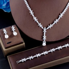 ThreeGraces 3pcs Romantic Cubic Zirconia Silver Color Elegant Pearl Drop Bridal Wedding Prom Jewelry Set for Bridesmaid TZ715