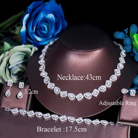 ThreeGraces 4 Pcs Elegant Geometric Cubic Zirconia Bracelet Earrings Ring Necklace Wedding Bridal Jewelry Set for Women TZ672