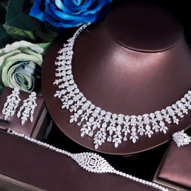 ThreeGraces 4PCS Elegant Luxury Women Wedding Cubic Zirconia Necklace Dubai Nigerian Bridal Dress Jewelry Sets for Brides TZ668
