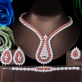 ThreeGraces 4PCS Luxury African Cubic Zirconia Big Necklace Earrings Bracelet Ring Bridal Wedding Jewelry Set for Women JS642