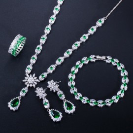 ThreeGraces 4Pcs High Quality Green Cubic Zirconia Water Drop Necklace Earrings Bracelet Ring Women Bridal CZ Jewelry Set TZ523