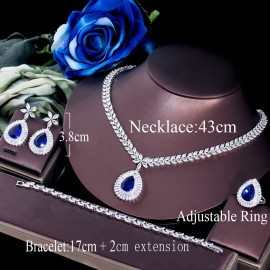 ThreeGraces 4pcs Classic Blue Zircon Stone Big Water Drop CZ Earrings Bracelet Ring Necklace Bridal Jewelry Set for Women TZ837