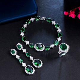 ThreeGraces 4pcs Elegant Bridal Necklace Set for Women Green Cubic Zirconia Wedding Dubai Saudi Party Costume Jewelry TZ673