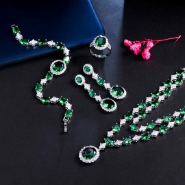 ThreeGraces 4pcs Elegant Bridal Necklace Set for Women Green Cubic Zirconia Wedding Dubai Saudi Party Costume Jewelry TZ673