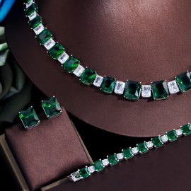ThreeGraces 4pcs Elegant Dark Green Cubic Zirconia Geometric Square Bridal Wedding Party Necklace Jewelry Set for Women TZ687