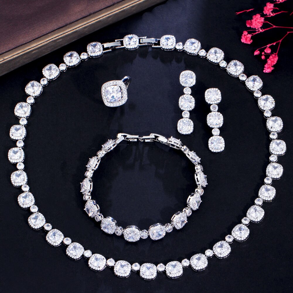 ThreeGraces 4pcs Gorgeous Cubic Zirconia Stone Bridal Wedding Party Earrings Necklace Ring Bracelet Jewelry Set for Women TZ772