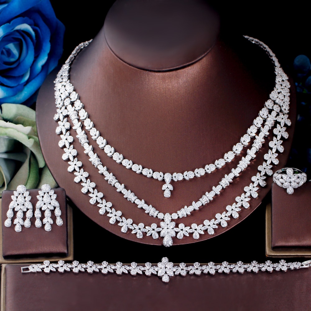 ThreeGraces 4pcs Luxurious Shiny Cubic Zirconia Nigerian Dubai Bridal Wedding Banquet Jewelry Set for Women Accessories TZ754