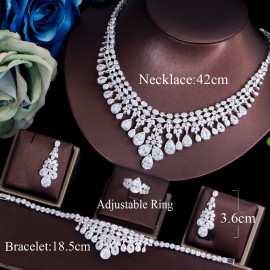 ThreeGraces 4pcs Luxury Bridal Wedding Party Gorgeous CZ Crystal Necklace Bracelet Earrings Ring Jewelry Set for Brides TZ660