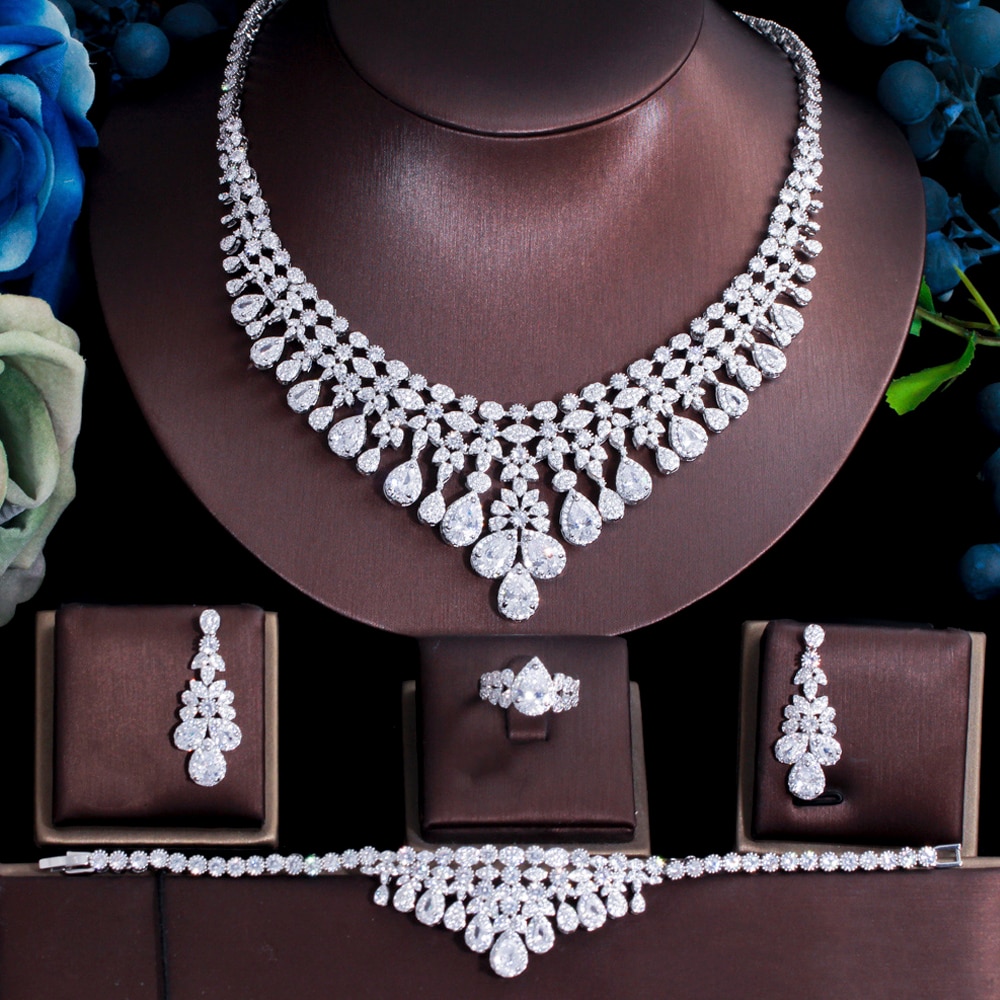 ThreeGraces 4pcs Luxury Bridal Wedding Party Gorgeous CZ Crystal Necklace Bracelet Earrings Ring Jewelry Set for Brides TZ660