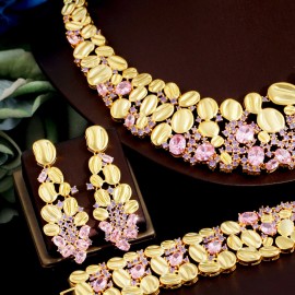 ThreeGraces 4pcs Luxury Pink Purple Cubic Zirconia Nigerian Dubai Bridal Wedding Party Necklace Jewelry Set for Women Bride T719