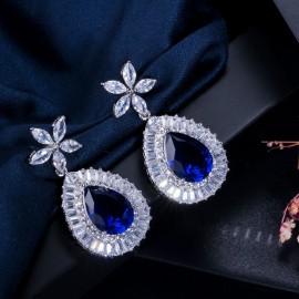 ThreeGraces 4pcs Luxury Royal Blue Cubic Zirconia Big Water Drop Earrings Necklace Wedding Bridal Jewelry Set for Women JS140