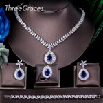 ThreeGraces 4pcs Luxury Royal Blue Cubic Zirconia Big Water Drop Earrings Necklace Wedding Bridal Jewelry Set for Women JS140