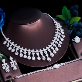 ThreeGraces 4pcs Shiny Cubic Zirconia Stone Luxurious Dubai Nigerian Bridal Wedding Banquet Dinner Jewelry Set for Women TZ763